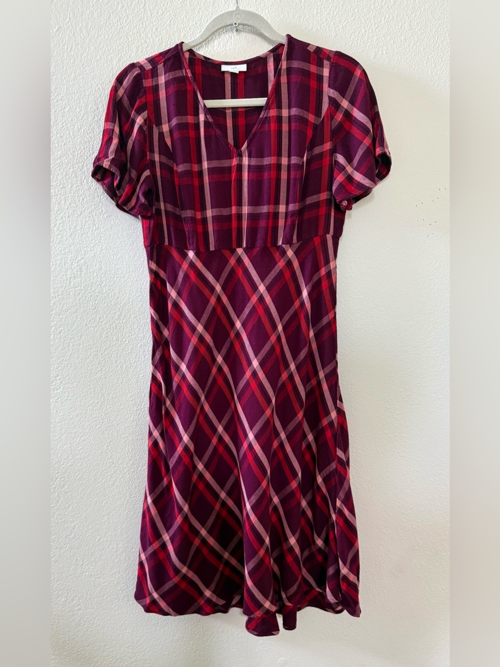J.Jill Plaid V Neck A Line Rayon Dress Petite Small Burgundy